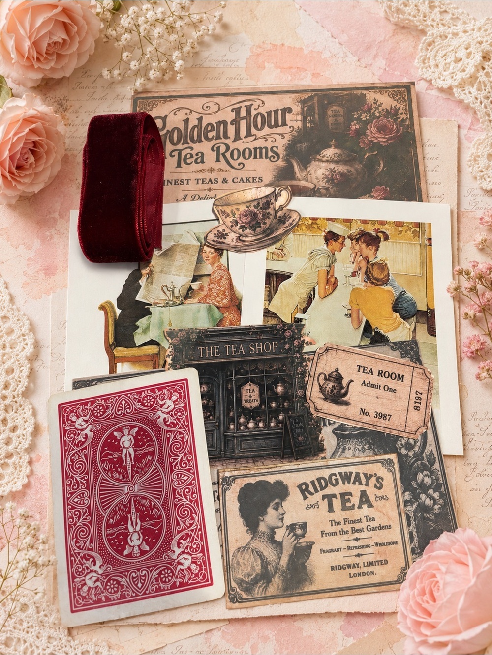 Vintage Style Tea Room Junk Journal Ephemera Kit Paper Tags Ribbon